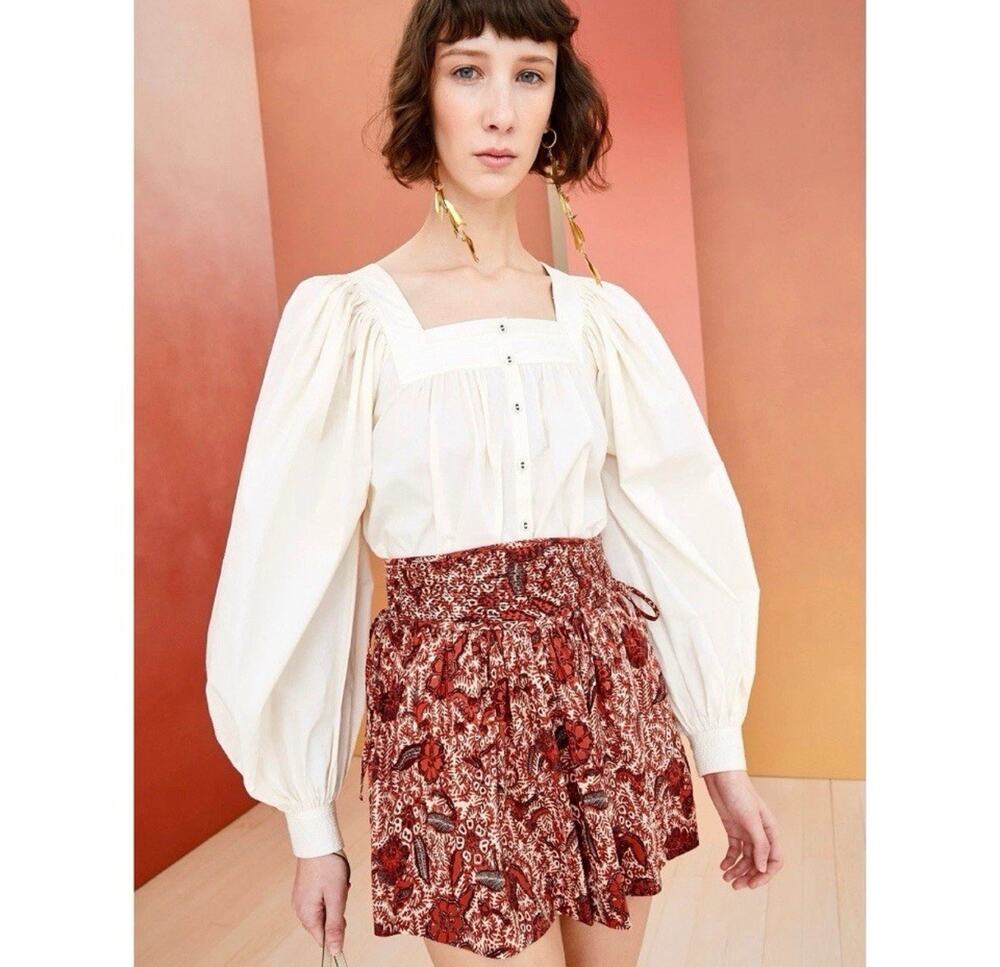 Ulla Johnson Amaris Square-Neck Peasant Button Down Blouse Blanc New Size 16 H13